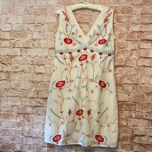 Floral Embroidered Midi Dress Cream/Red Size M Boho Festival Hippie Cottagecore